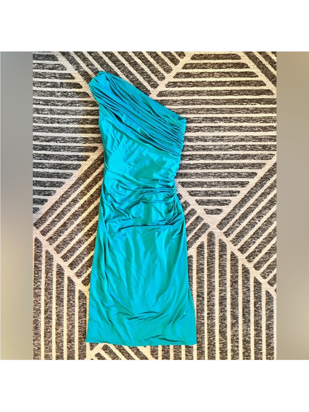 TADASHI SHOJI Small Teal Green One shoulder Rouched Draped Midi Dress Exc Cond - Picture 6 of 8